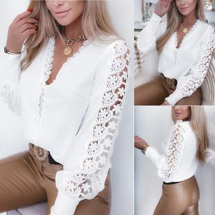 Neck Clothing Sleeve Womens Long Shirt Lace Panel