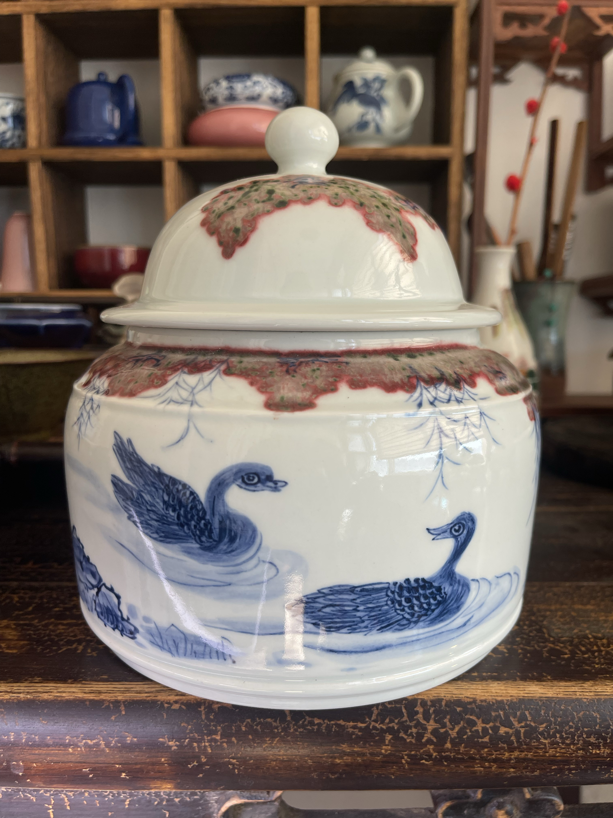 景德镇手工茶叶罐非遗老师青花釉里红醒茶罐高18cm腹径17cm