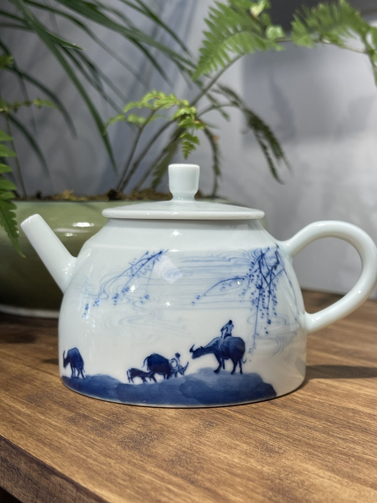 景德镇手绘茶器非遗老师陈齐园作品青花分水牧归图泡茶壶