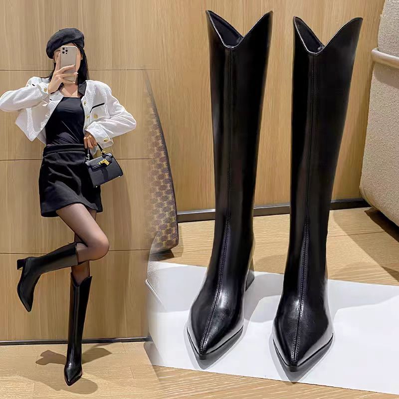 长筒靴女2025春秋新款小跟高筒靴小个子显瘦百搭高级粗跟尖头软皮