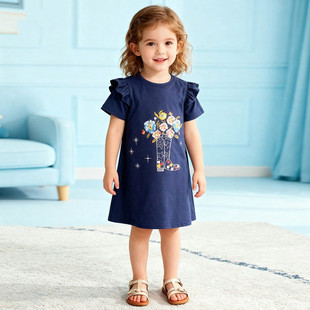 棉质女童连衣裙夏季新款洋气宝宝针织a字裙花朵飞袖休闲中长裙子5