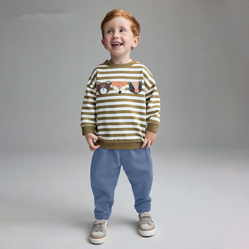 跨境男童动物狐狸卫衣套装秋冬新款欧美中小童条纹圆领长袖两件套