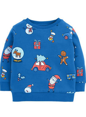 蓝色圣诞装男童卫衣 2025新款欧美女童秋装 儿童卡通长袖外穿上衣