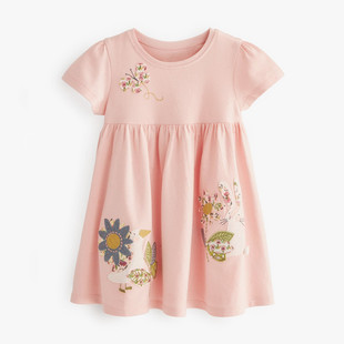 欧美童装女童连衣裙夏季儿童纯棉短袖t恤裙粉红色小宝宝a字裙子