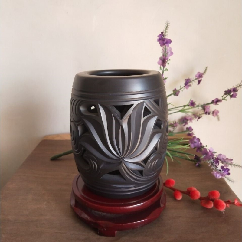 黑陶笔筒纯手工制作陶土笔筒雕刻花纹笔t筒泥巴笔筒