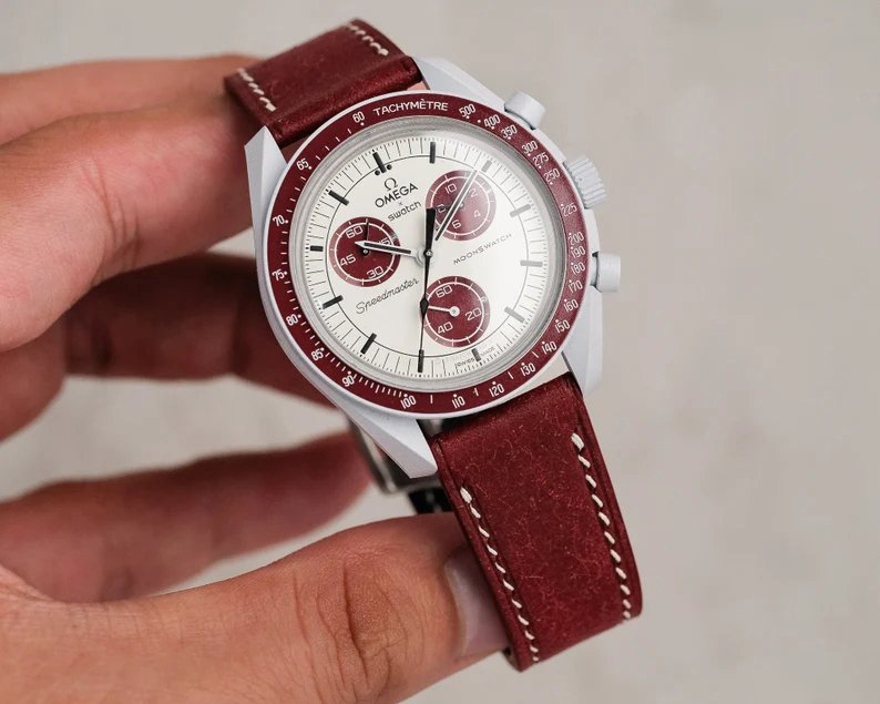 Benchmark 高档进口波尔多色磨砂小牛皮表带适配欧米茄联名款