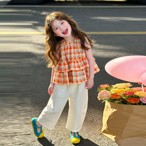 韩系女童格子纹花边衬衫2026夏季套装儿童设计感双层花边宽松背心