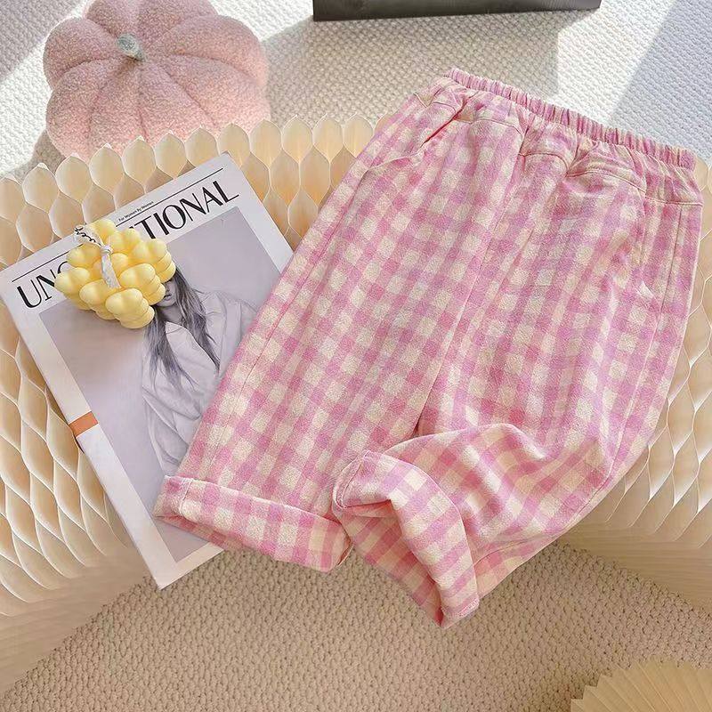 新款女童纯棉格子裤子夏季外穿薄款透气夏天儿童直筒阔腿裤防蚊裤
