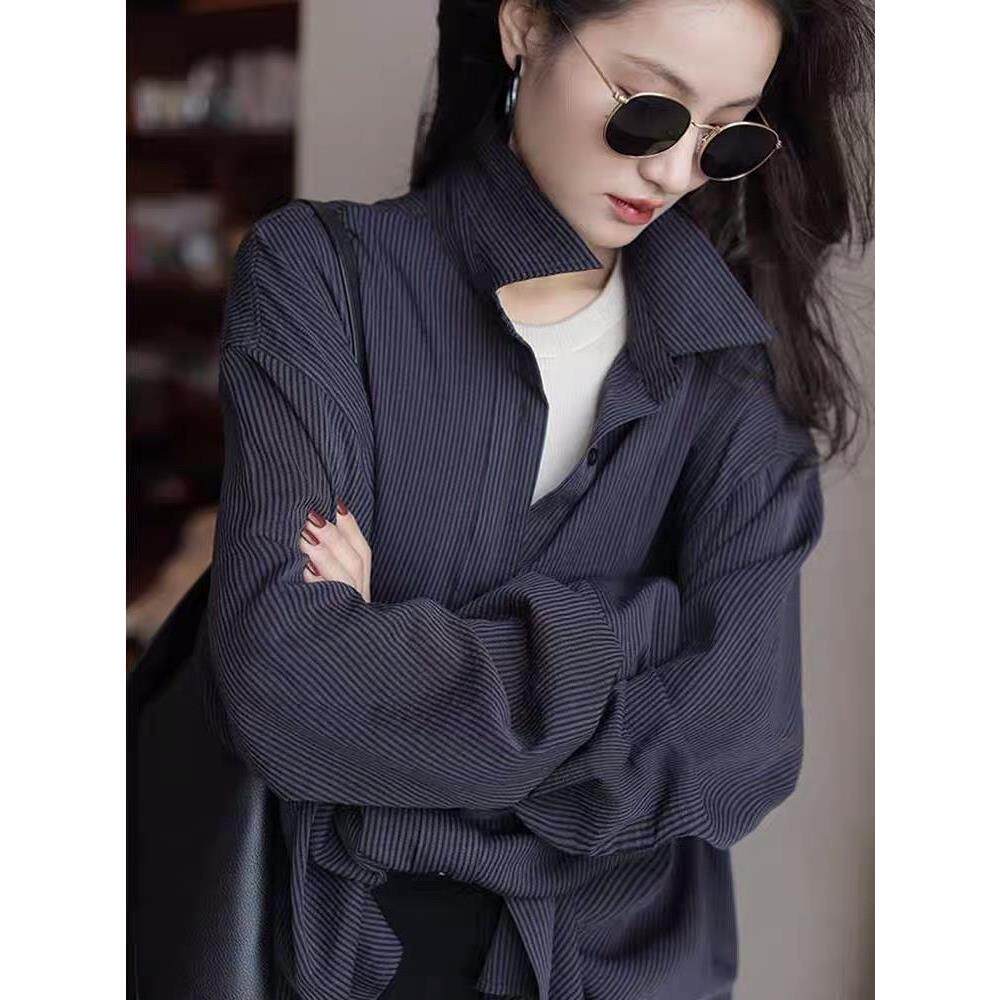 MONLOUVE品牌高级感中长款条纹衬衫女宽松长袖防晒上衣外套潮