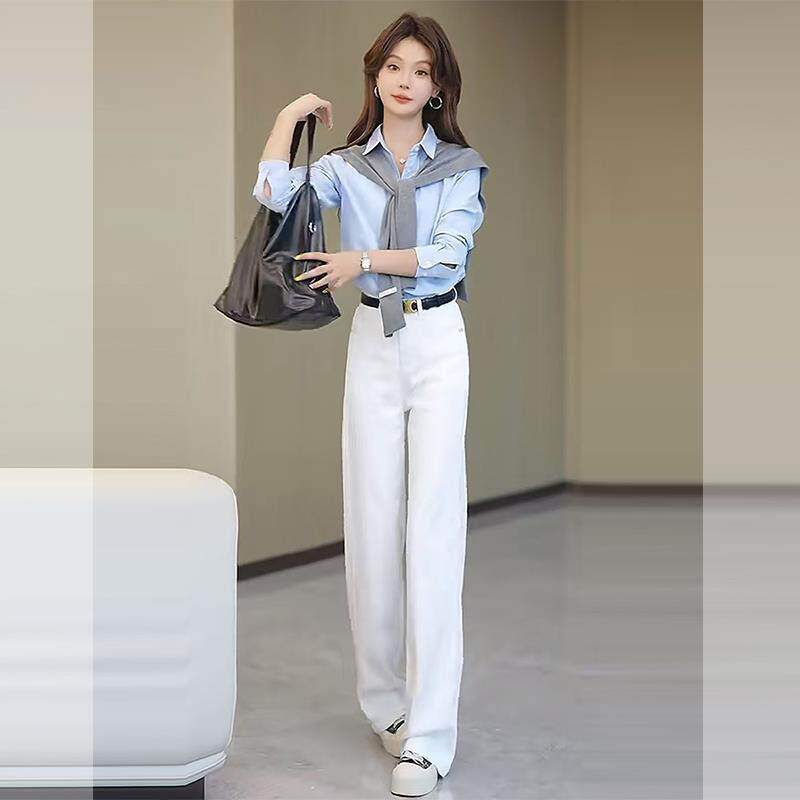 MONLOUVE早秋一整套ootd穿搭气质高级感POLO衬衫针织披肩宽松阔腿