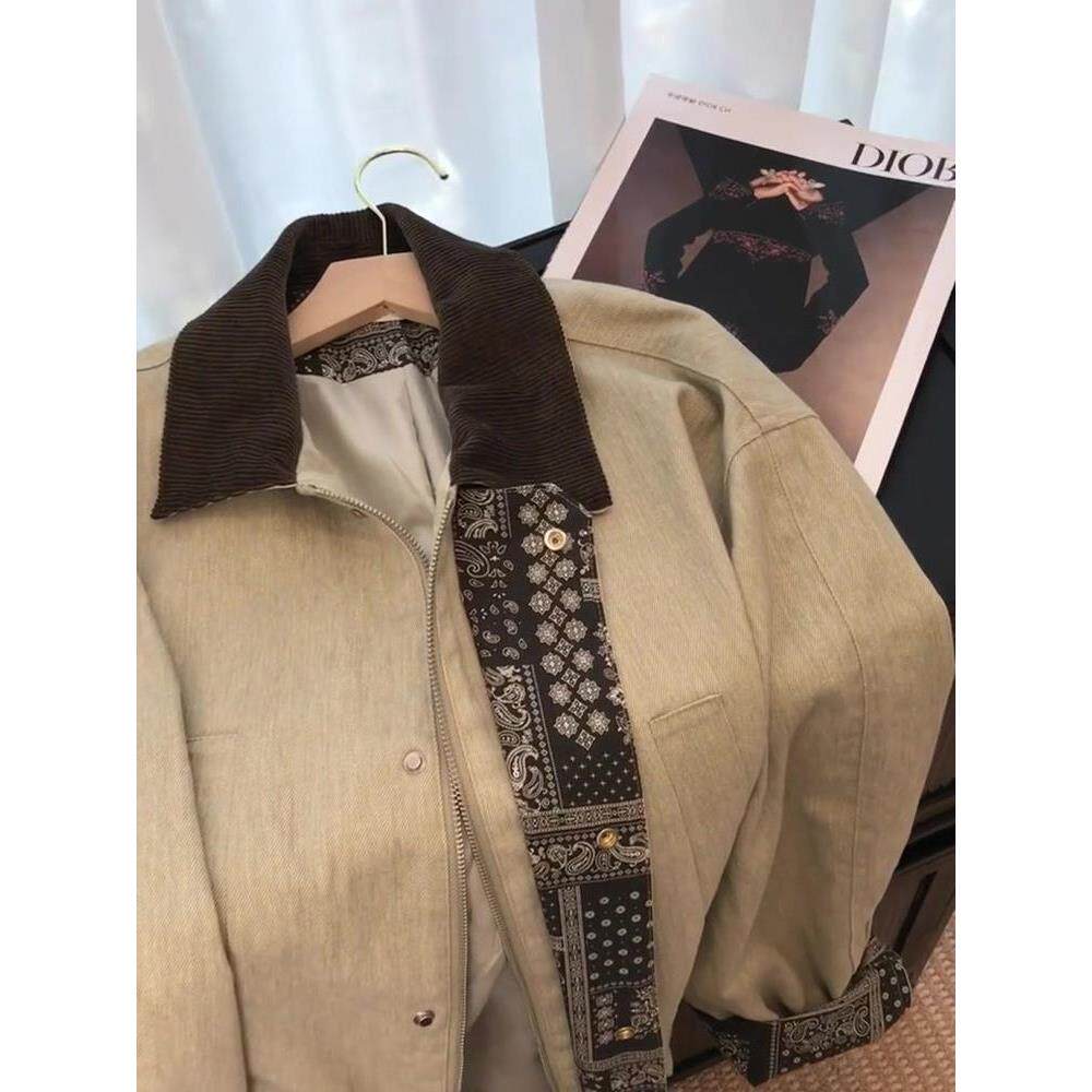 MONLOUVE广州十三行品牌高货覆古老钱风撞色拼接翻领风衣外套女气