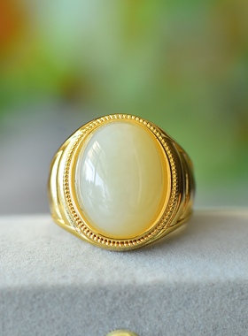 沙金天然和田玉白玉财源滚滚玉戒