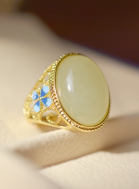 沙金天然和田玉白玉财源滚滚玉戒