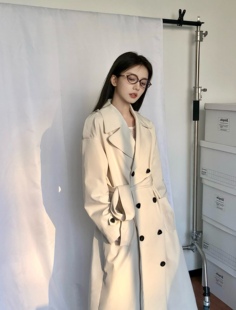 原创韩系中长款 UNSERE 23秋季 新款 米白色风衣大衣垂感休闲外套女
