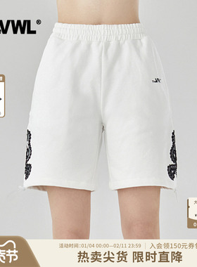 VWL白色休闲运动短裤夏季宽松女高腰显瘦阔腿酷辣裤子短卫裤