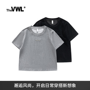 新款 VWL张艺凡同款 春夏季 条绒短袖 休闲体恤潮流简约字母LOGO T恤