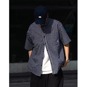 NICETTU衬衫男夏季日系cityboy轻薄透气格纹廓形宽松休闲短袖衬衣