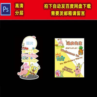 海绵宝宝派大星引路牌迎宾牌水牌宝宝宴周岁生日派对背景设计素材
