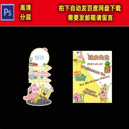 海绵宝宝派大星引路牌迎宾牌水牌宝宝宴周岁生日派对背景设计素材