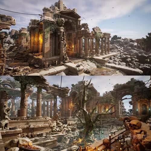 UE4虚幻5古希腊废墟场景3D模型地狱场景城堡遗迹3D模型寺庙罗马柱