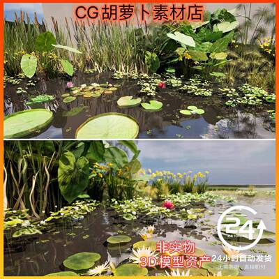虚幻UE5.1中式园林水池荷花浮萍睡莲王莲海芋香蒲水草植物Aquatic