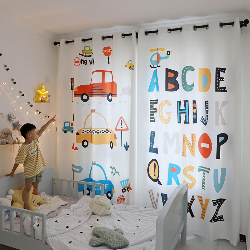 定制男孩卡通汽车儿童房卧室少女飘窗女孩棉麻窗帘遮光短门帘免打