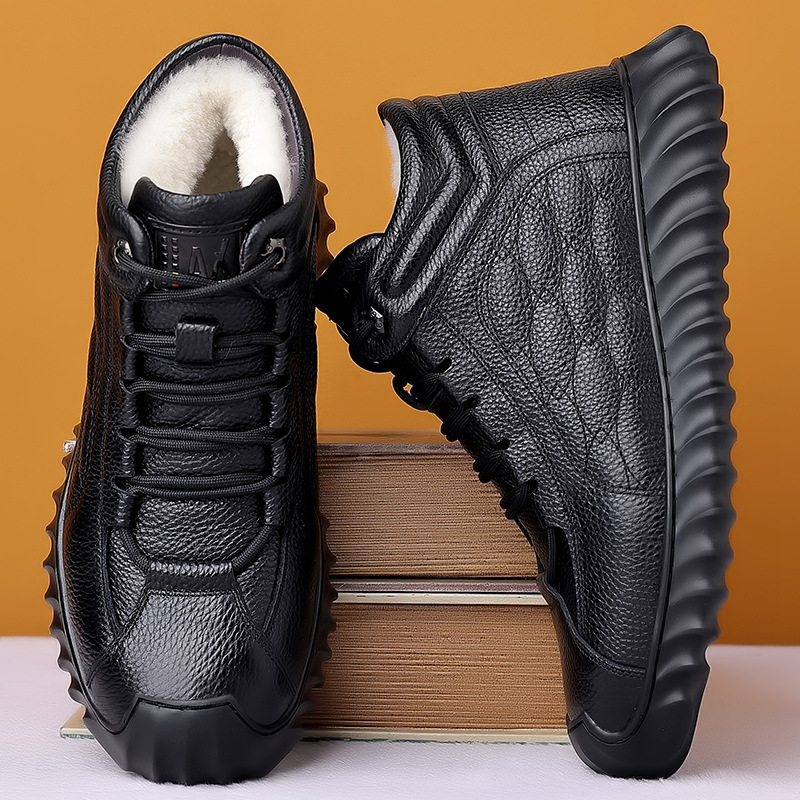 名牌高端品质羊皮毛一体男士棉鞋高帮休闲真皮羊毛加绒保暖男鞋子