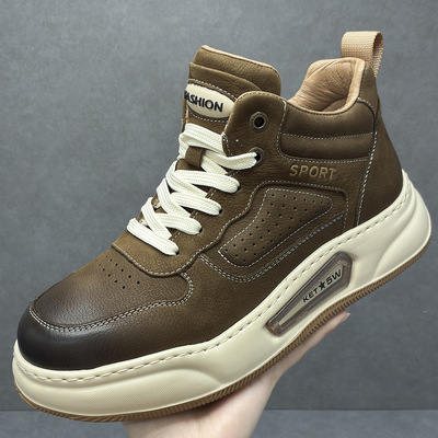 高端男士2025冬季新款高帮板鞋真皮厚底小白鞋增高运动男款休闲鞋