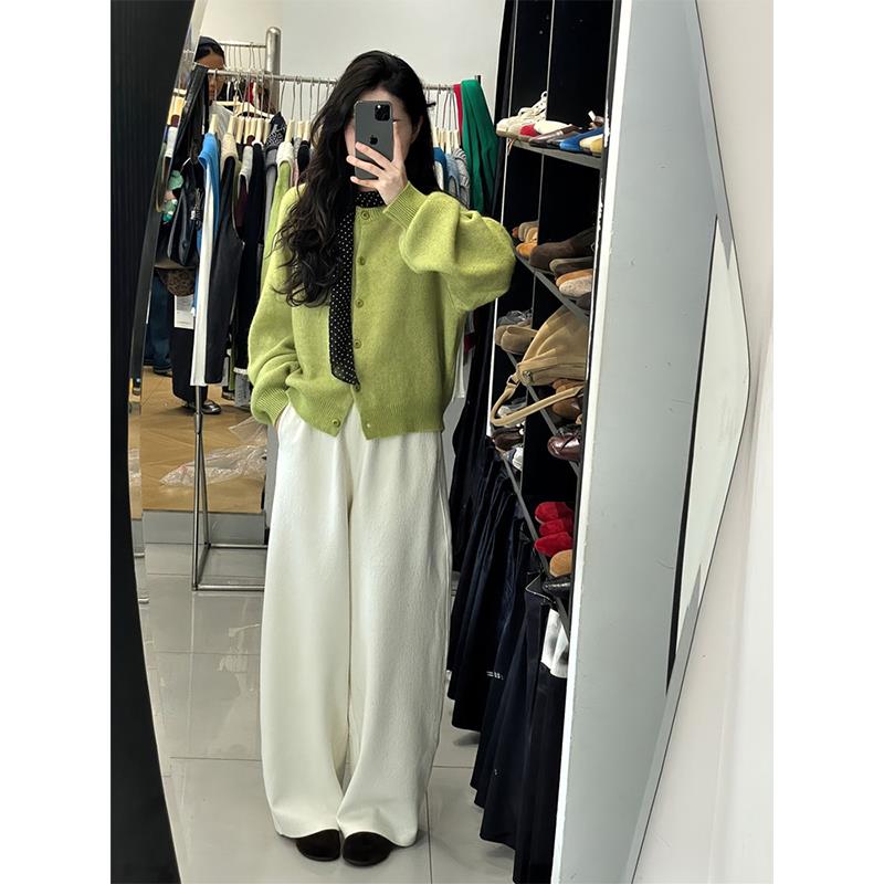 MONLOUVE秋日ootd穿搭一整套韩系慵懒宽松显瘦绿色针织开衫外套休