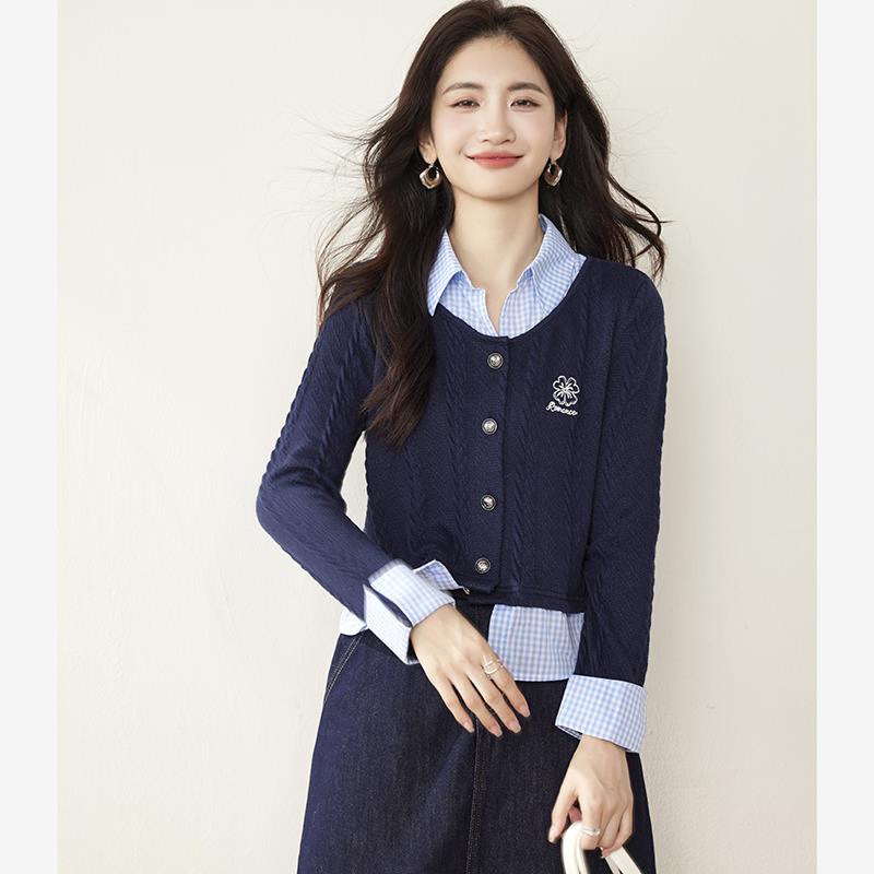 MONLOUVE折扣店韩系假两件格子衬衫女秋装新款针织拼接高级感上衣