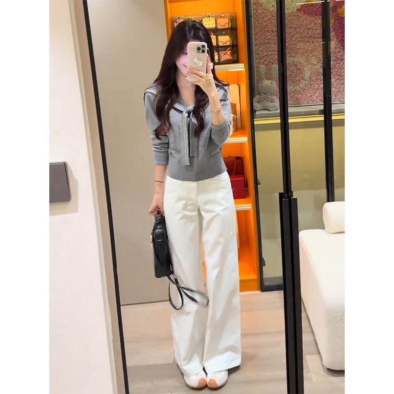 MONLOUVE早秋超火穿搭一整套格雷系灰色披肩掐腰针织衫+直筒牛仔