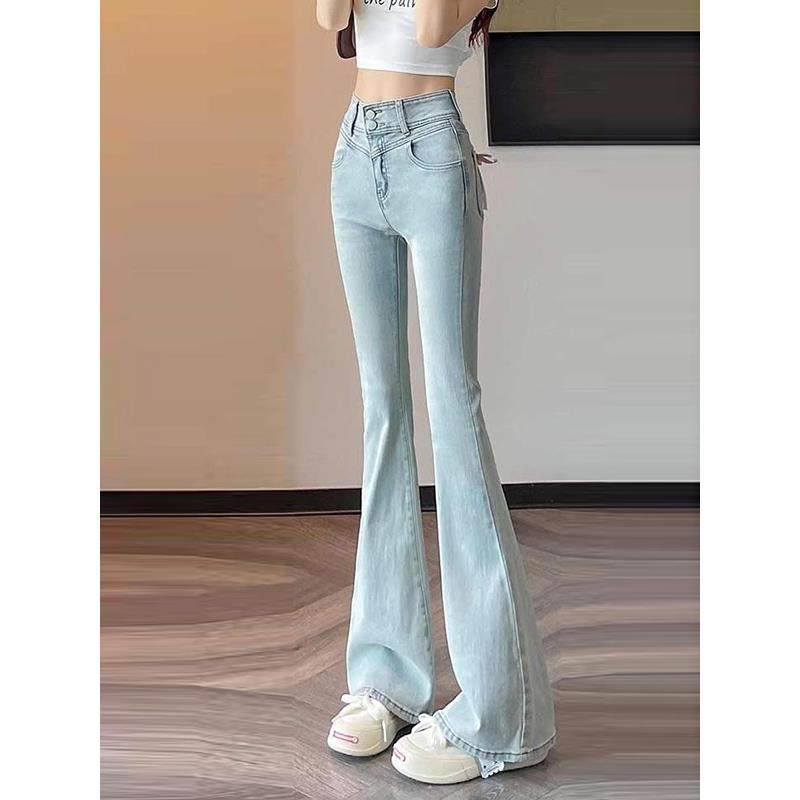 MONLOUVE微喇浅蓝色牛仔阔腿裤子女士装春秋冬季2025年新款显瘦高