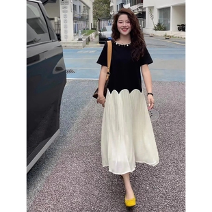 微胖mm宽松遮胯显瘦假两件 声雨竹大码 法式 气质小黑裙2025夏季 新款