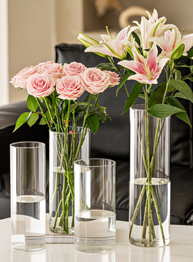郁金香花瓶摆件客厅插花玻璃透明高级感百合玫瑰鲜花插瓶网红落地