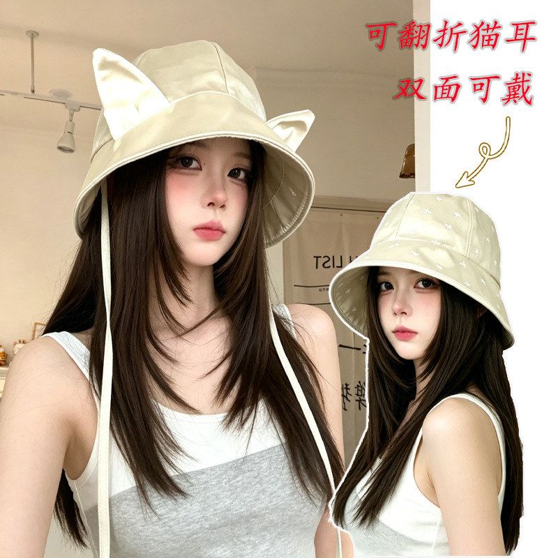 新款可爱甜美风猫耳渔夫帽大檐遮阳百搭时尚盆帽双面可戴水桶帽女