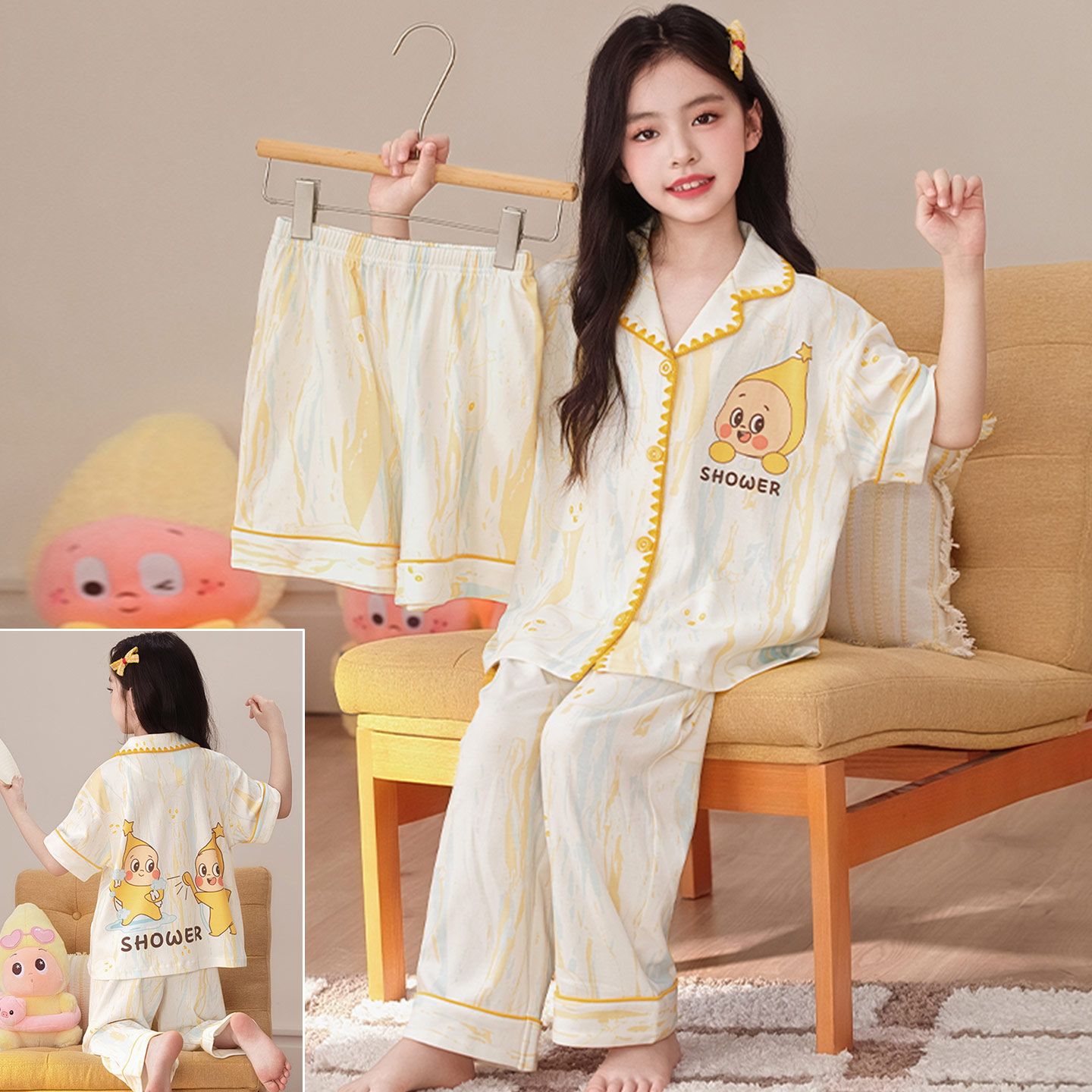 女童短袖纯棉夏装大童星星人睡衣