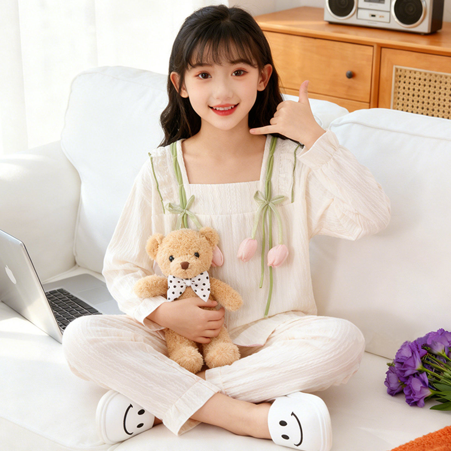 亲子母女装带胸垫睡衣春秋冬季初中学生女孩防凸点纯棉长袖家居服