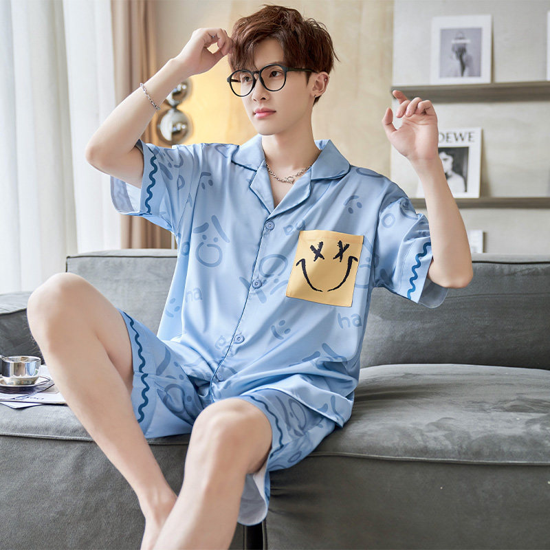 男士睡衣男款夏季冰丝2023年新款短袖薄款开衫丝绸休闲家居服套装