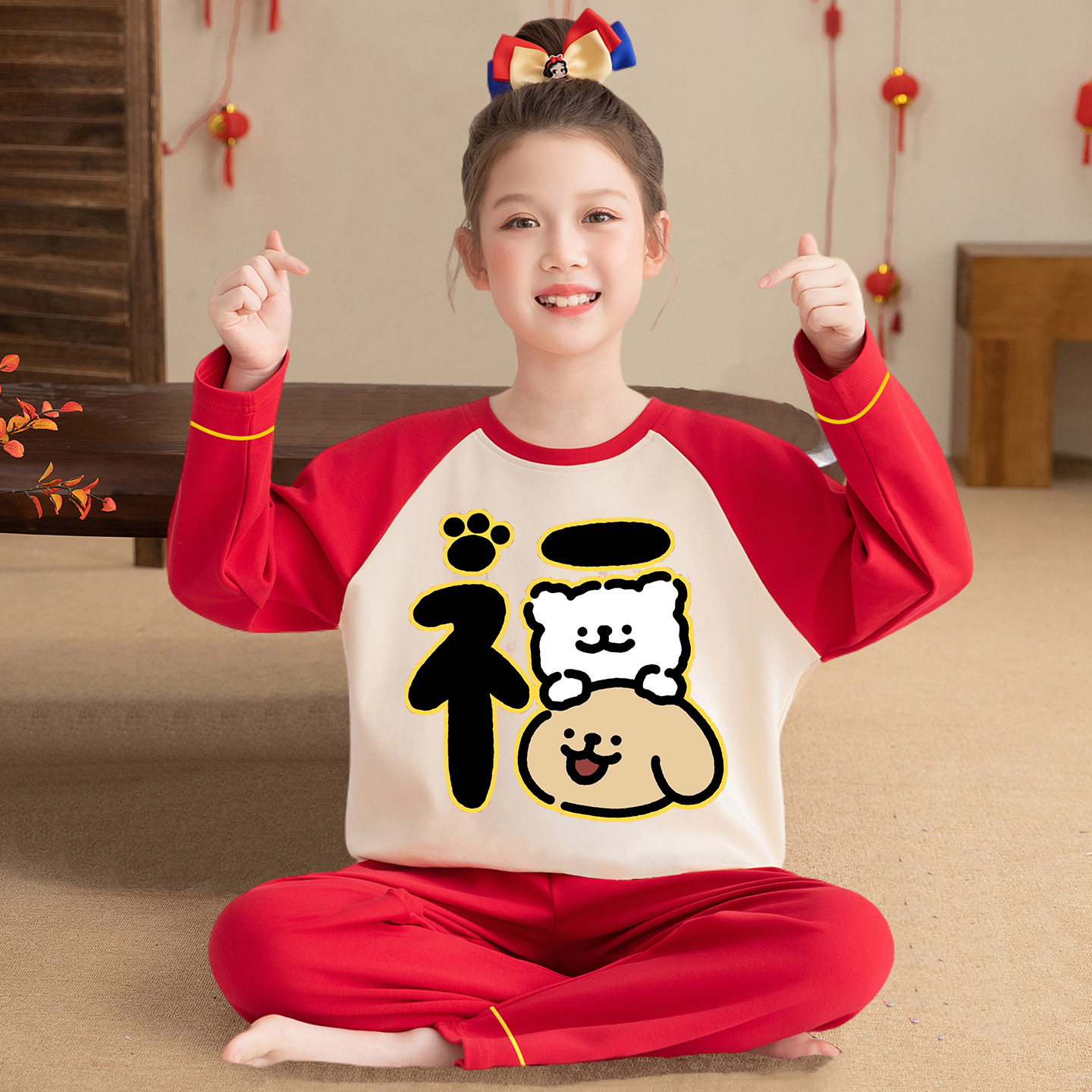 女童红色睡衣线条小狗纯棉过年服