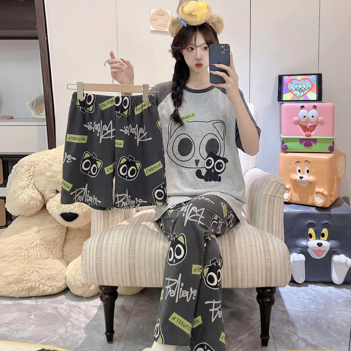 小黑猫纯棉短袖夏季女款学生睡衣