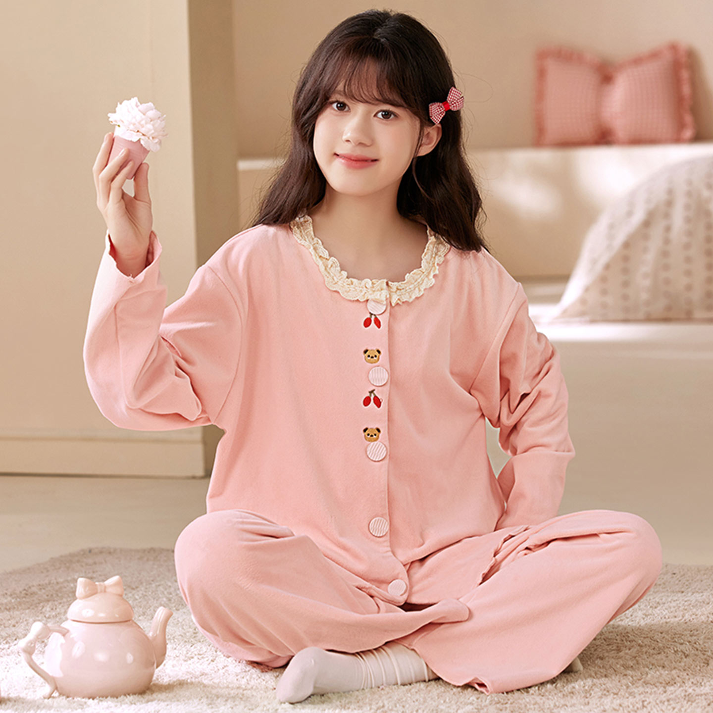 女童海岛绒睡衣秋冬季家居服套装