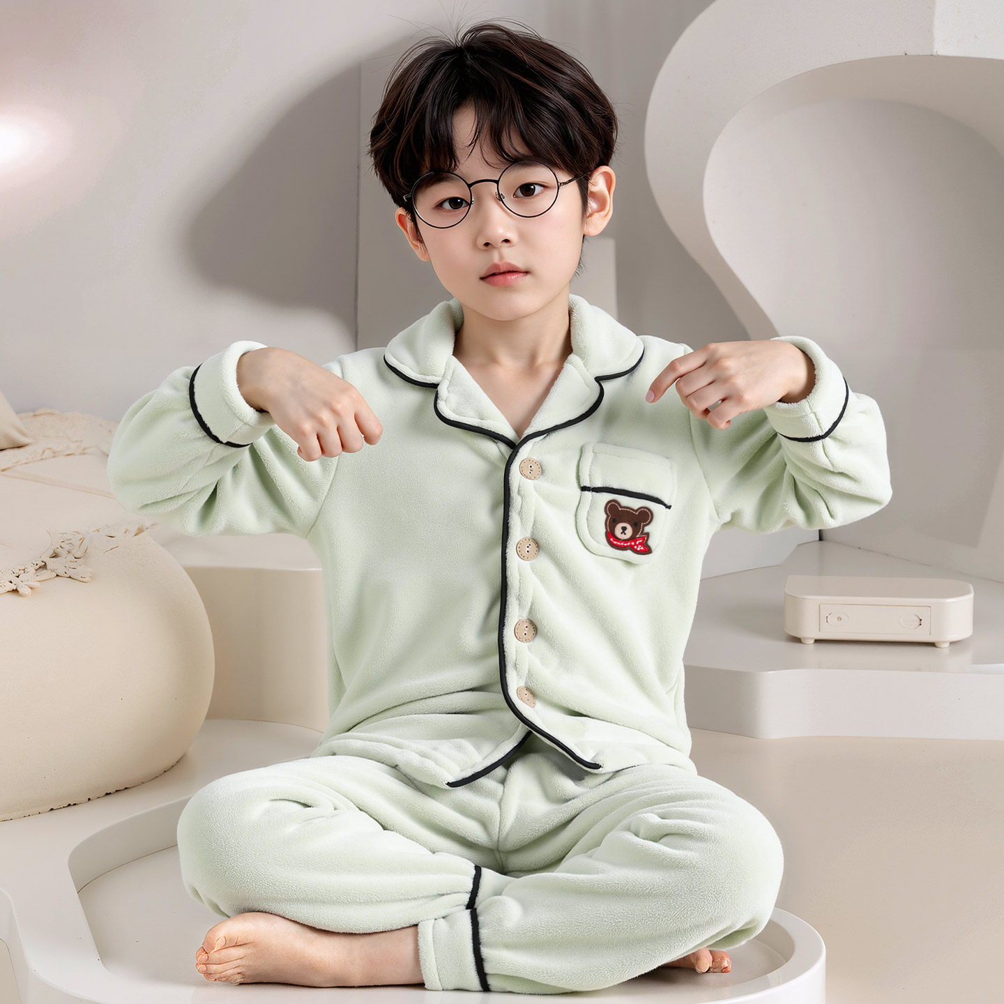 秋冬季男童法兰绒小熊家居服套装