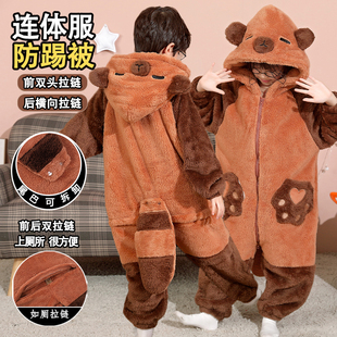 卡皮巴拉儿童连体睡衣秋冬季珊瑚绒男女童中大童法兰绒睡袋家居服
