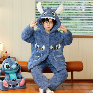 儿童冬季珊瑚绒男童史迪仔三层夹棉加厚款中大童法兰绒短款睡袍