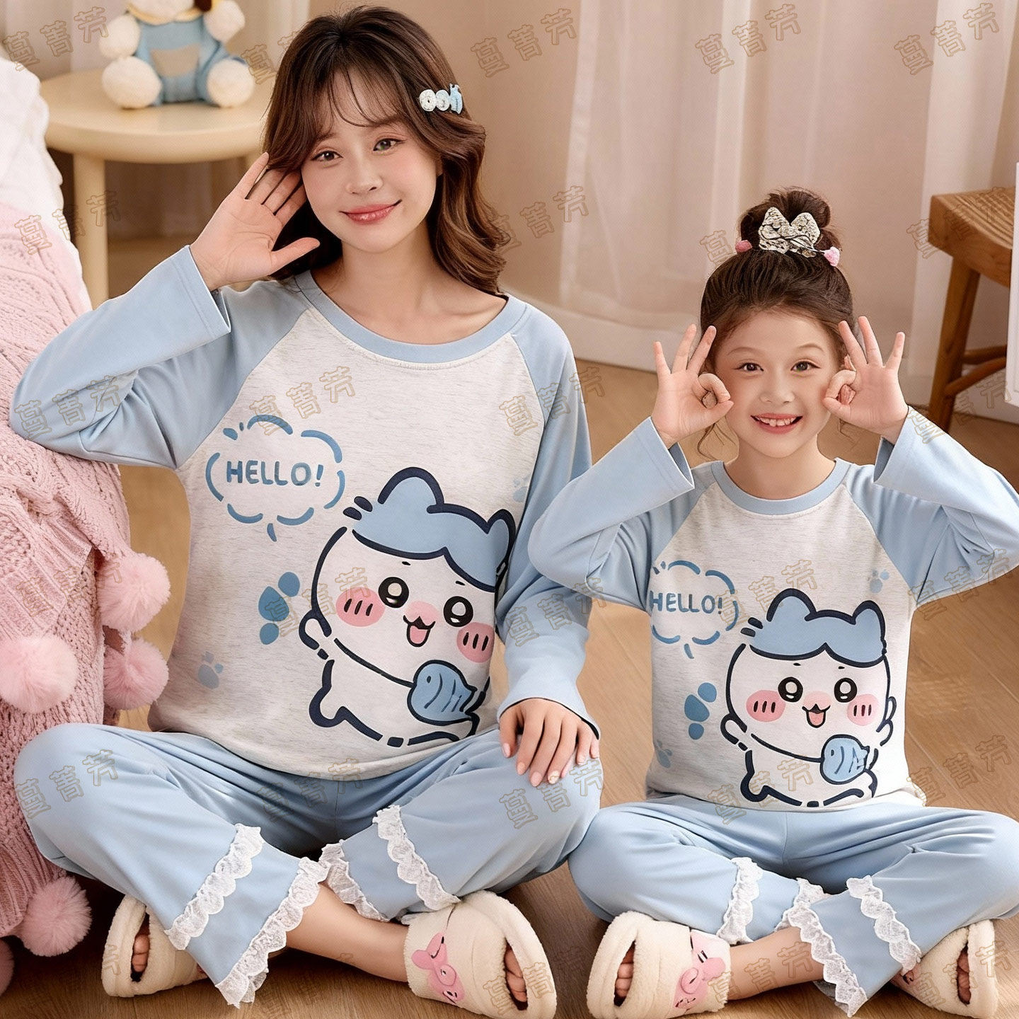 亲子睡衣女童春秋季纯棉长袖套装可爱小八休闲女孩儿童母女家居服