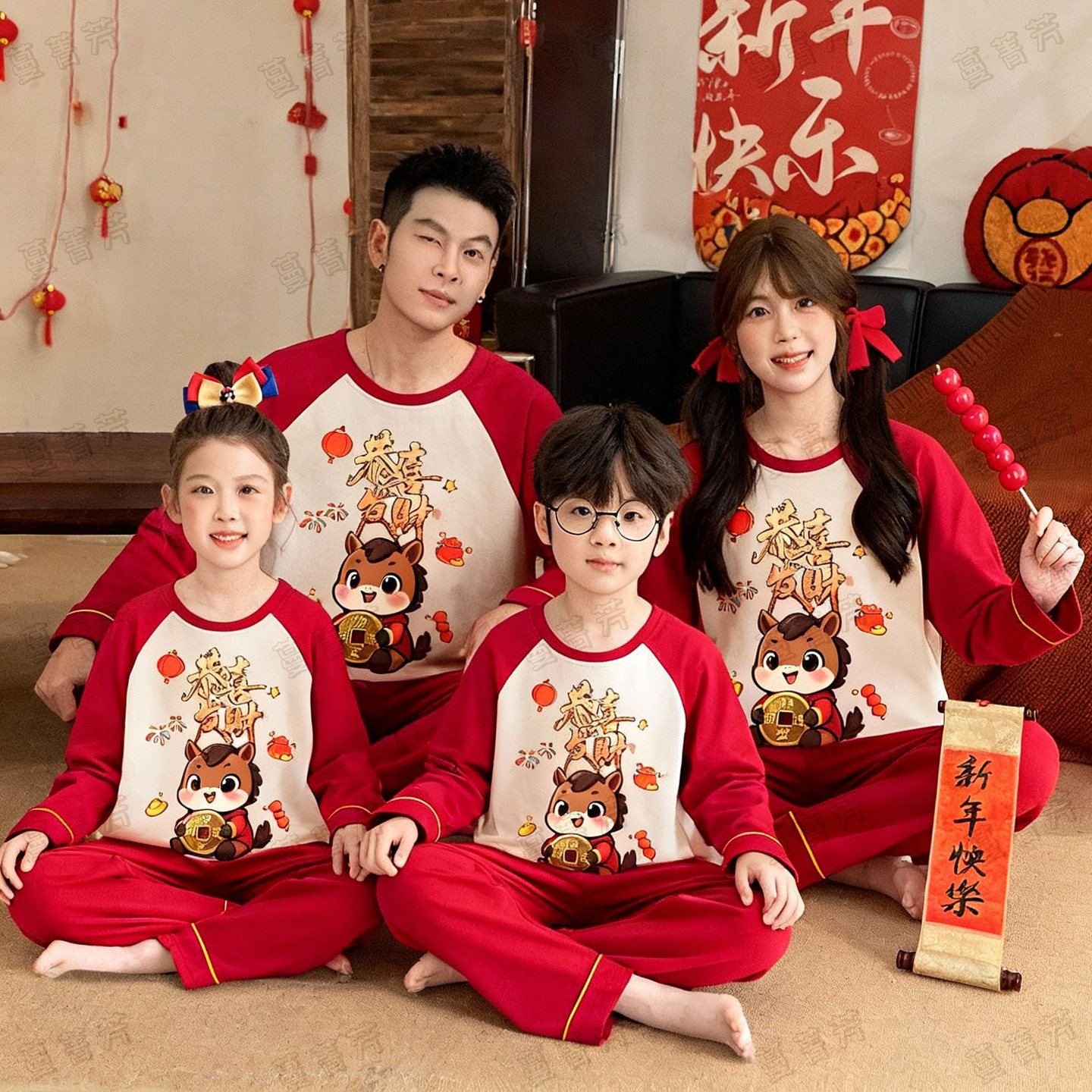 秋季亲子纯棉长袖新年红色家居服