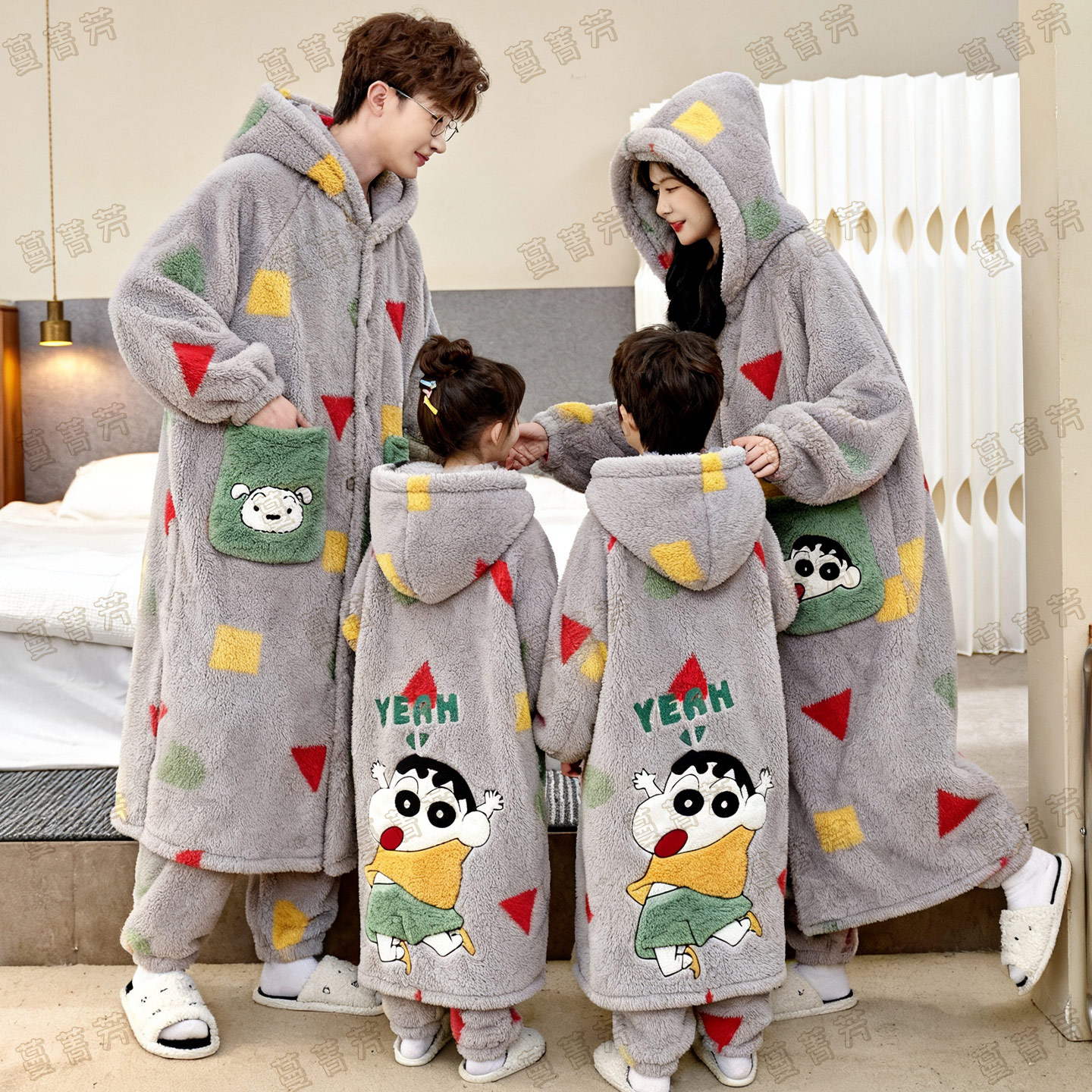 冬季珊瑚绒亲子长款蜡笔小新睡袍