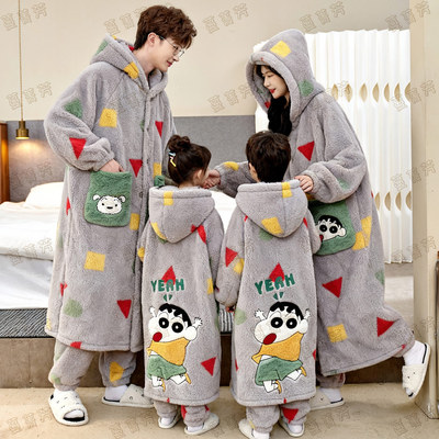 冬季珊瑚绒亲子长款蜡笔小新睡袍