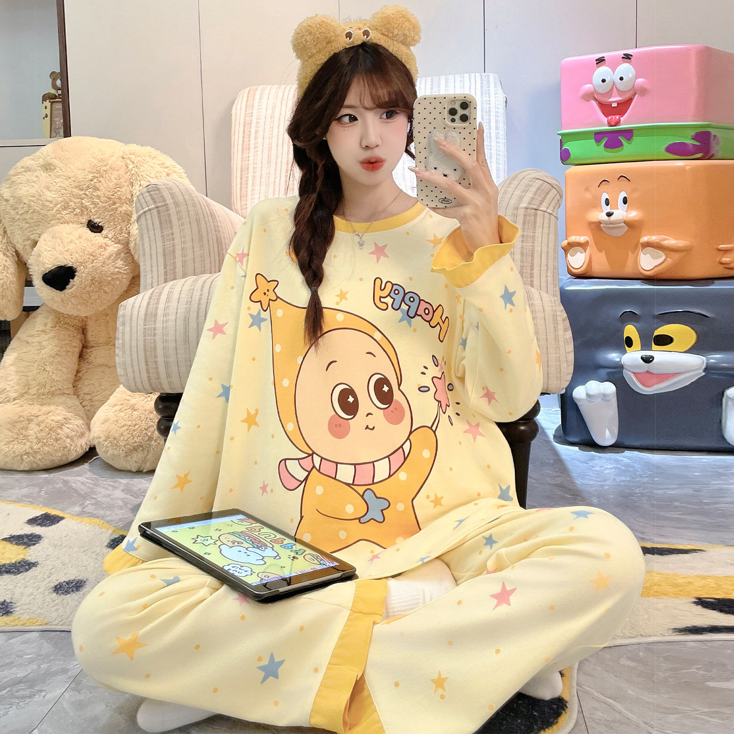 纯棉长袖春秋季少女大码星星睡衣