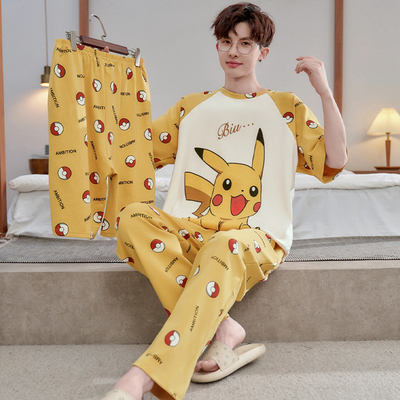 皮卡丘睡衣男纯棉短袖大码三件套